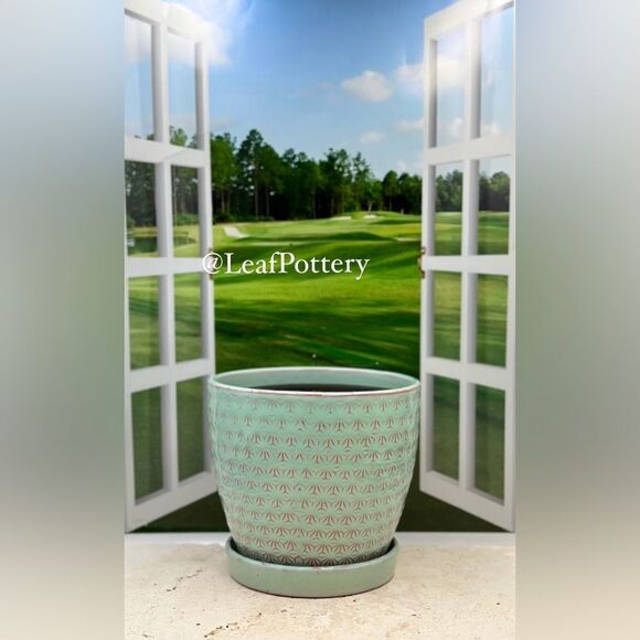 Atasi Aqua/Pink Ceramic Planter Pot with Saucer Attached - Picture 4 of 9